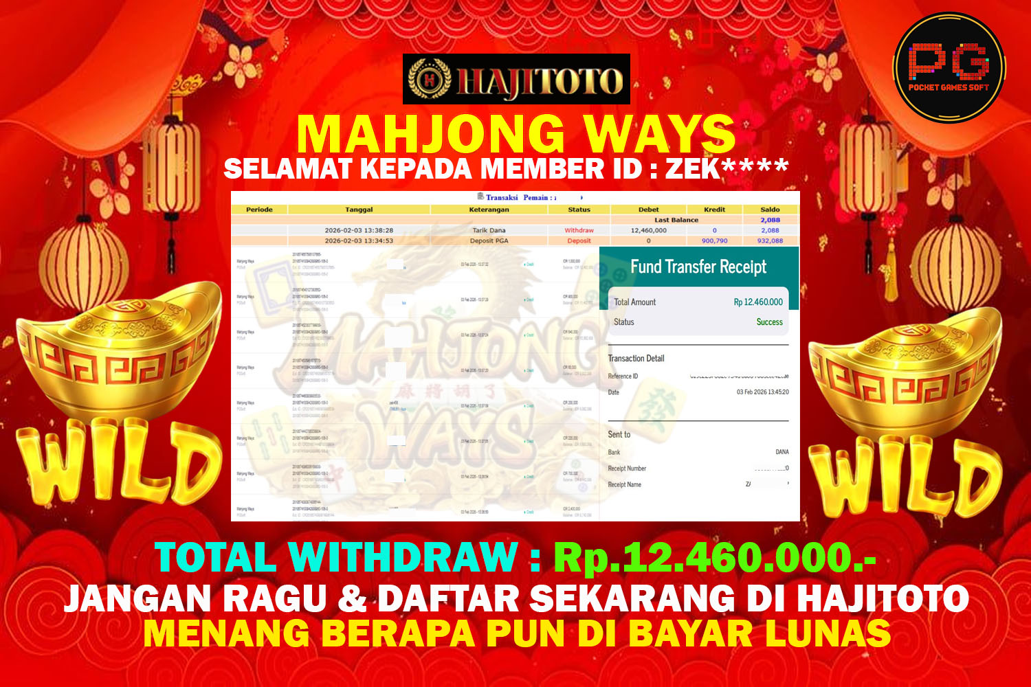 SELAMAT KEPADA PEMENANG MEMBER MERAIH JACKPOT DI GAME SLOT MAHJONG WAYS  TOTAL RP 12.460.000 DI BAYAR LUNAS